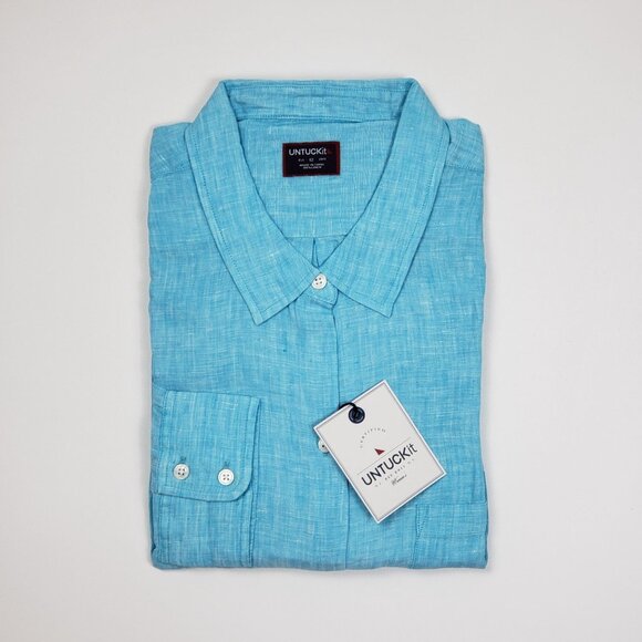 UNTUCKit Blush-Aqua Button-Up Shirt Women Size 12 Aqua Blue Linen LS Regular Fit - Picture 6 of 15
